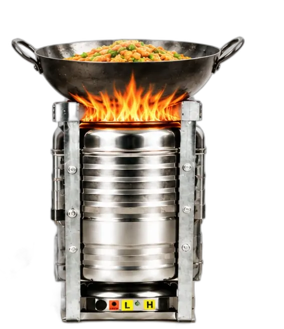 Mountain Walls biomass stove burning under a wok of food